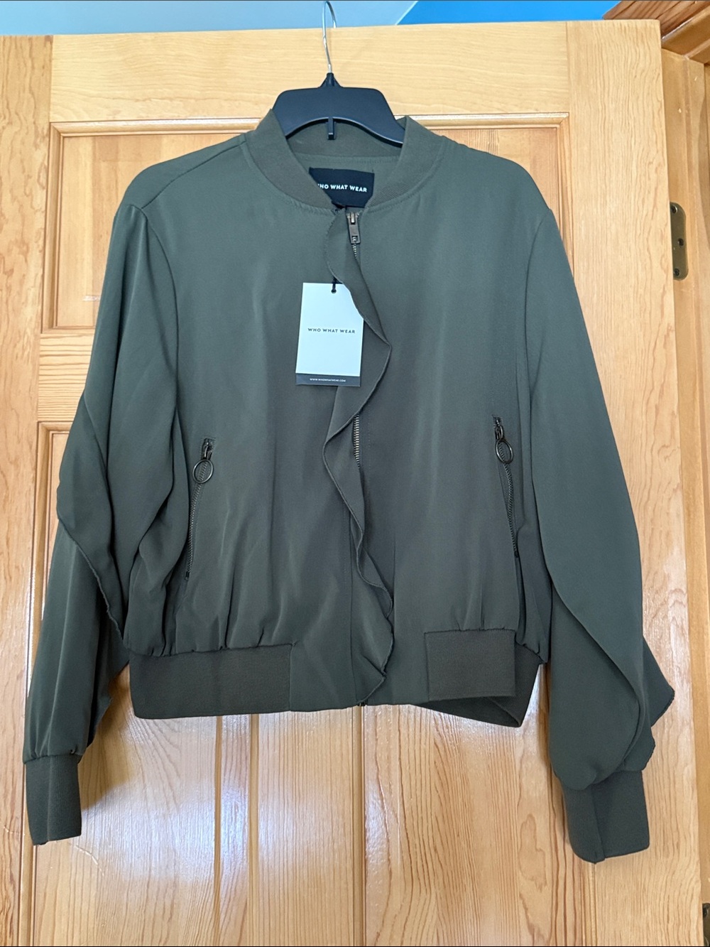 Who What Wear Olive Green Ruffle-Trim Bomber Jacket